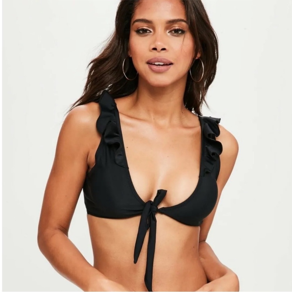 Black Ruffle Tie-Front Bikini Top
